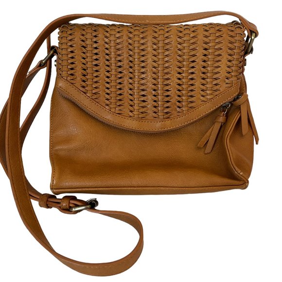 Sasha & Sofi Tan Crossbody Purse Adjustable Strap Weaved Foldover Flap - Picture 1 of 8